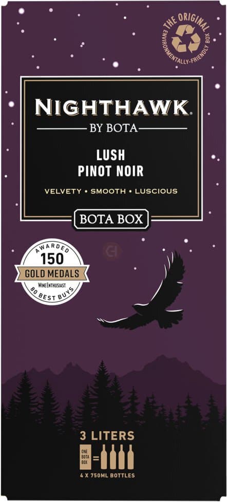 Nighthawk by Bota Box Lush Pinot Noir Red Wine, 3L (4 x750mL Glass Bottles), 13.5% ABV, 3L