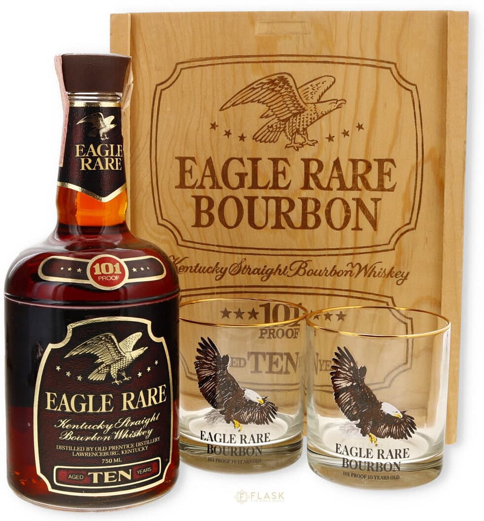 Eagle Rare 10 Year Old 1980s Old Prentice, Lawrenceburg 101 Proof Wood Gift Box Set With Glasses